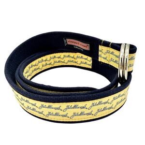 Vineyard Vines XL Belt John Hancock Script Yellow Navy Canvas D-Ring USA Made